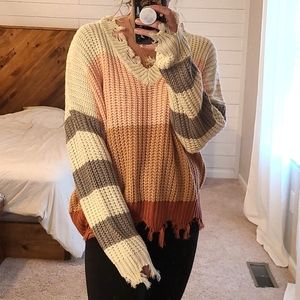 Striped raw hem sweater
